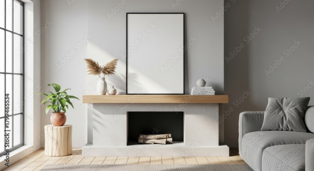 Fototapeta premium Elegant interior with blank frame mock-up above fireplace and cozy ambiance for creative
