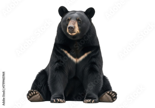 Majestic asiatic black bear sitting portrait, wildlife animal photography, ursus thibetanus, mammal stock image, isolated on transparent background