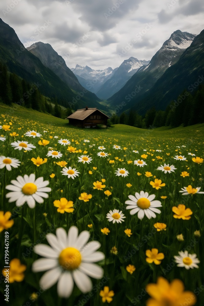 Fototapeta premium Alpine Meadow with Mountain Cabin