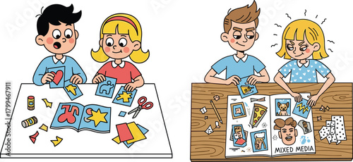 “Children creating colorful paper crafts and mixed media art projects, teamwork, creativity, classroom activity, learning skills, fun artistic illustration for education.”