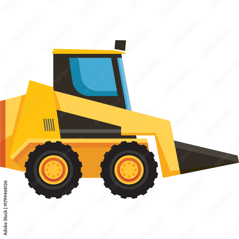 Naklejka premium Yellow compact construction vehicle with black tires and blue windows isolated on white background for industrial use