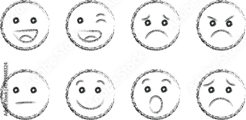 Collection of sketched facial expressions emotions in circle design
