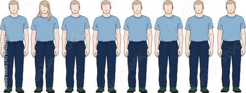 Collection of illustrated characters in casual uniform, one woman among seven men, standing in a line, concept for team, workforce, and gender diversity.