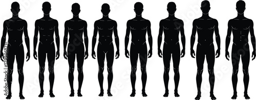 Collection of male silhouettes showing different body types, physique variations from overweight to athletic, concept for fitness, diet, transformation.