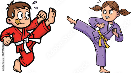 Cartoon children practicing martial arts sparring techniques with energetic kicks, colorful uniforms, expressive action poses, dynamic karate training illustration for kids