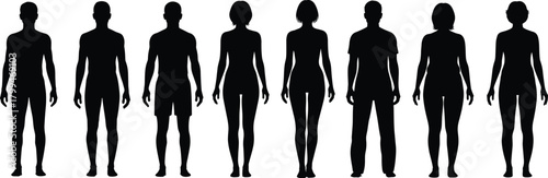 Silhouette collection of diverse male and female human body figures standing in row for anatomy reference, design, modeling, illustration use