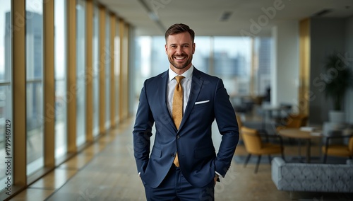 Confident Businessman in Formal Suit Standing in Modern Office Space