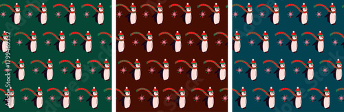 Christmas penguin seamless pattern on dark backgrounds. Cute Christmas penguin seamless vector pattern. Winter penguin pattern on dark backgrounds. Cute Penguin seamless pattern kids collection.  