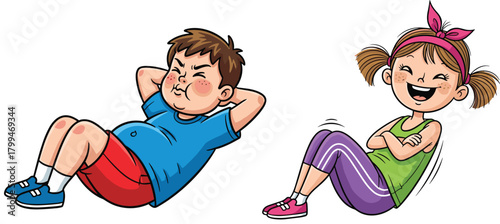 Cartoon kids doing fun fitness exercises together, performing sit-ups with energetic expressions, playful movements, active lifestyle, healthy activity, and cheerful workout scene
