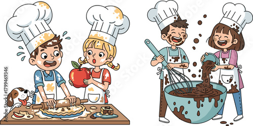 Cute children baking messy desserts together in kitchen, rolling dough, mixing chocolate, wearing chef hats, playful cooking activity, fun culinary illustration
