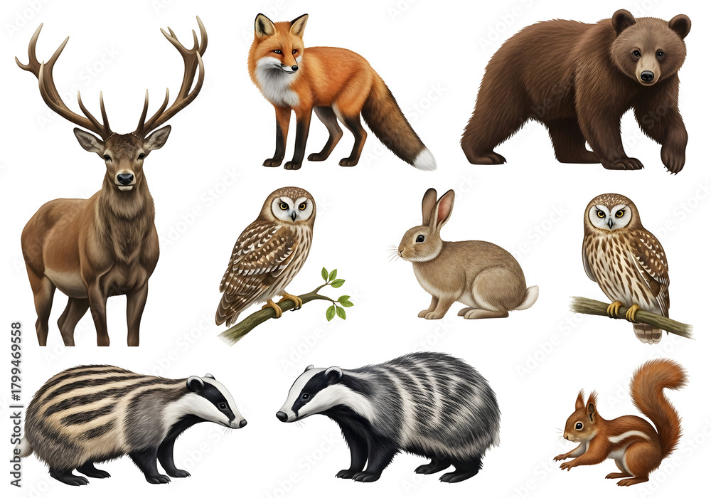 Naklejka premium Collection of Forest Animals Including Deer Fox Bear Owl Rabbit Badger and Squirrel in Pixel Art Style Isolated on Transparent Background