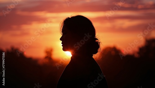 Woman Profile Against Vibrant Sunset Sky in Nature Landscape Scene