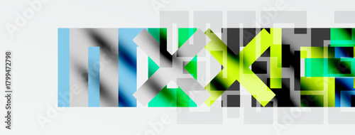 Abstract graphic design features fragmented text, vibrant colors, gray background. Modern aesthetic, bold typography, geometric shapes present.