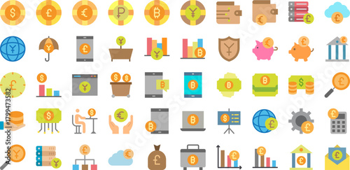 Pixel art collection of global finance and currency icons on a black background
