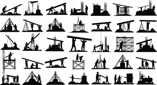 Construction worker silhouette, scaffolding pose, beam lifting, ladder work, teamwork action, cad drawing flat vector illustration, industrial labor, safety gear