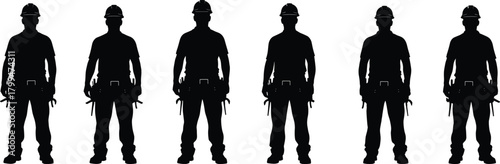 Construction worker silhouette, tool belt, hard hat, team posture, labor gear, cad drawing flat vector illustration, safety, uniform, workforce