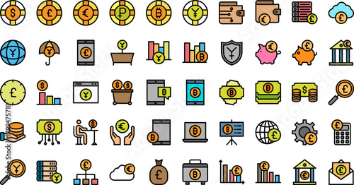 Diverse set of financial icons representing global currencies and banking activities