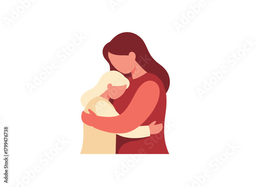 A woman, with a tiny duplicate tucked beneath her arm, gazes outward, embodying the inner child concept and the childlike facet of human personality, rendered as a vibrant contemporary vector