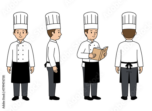 A male cartoon chef, wearing a uniform and toque, reads a recipe or culinary book, shown in front, side, and back views on a white background as a flat vector illustration