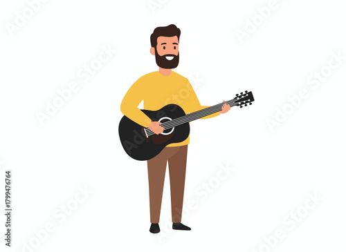 A bearded male musician strums and sings on stage, depicted as a solo performer against a white backdrop in a flat cartoon vector illustration