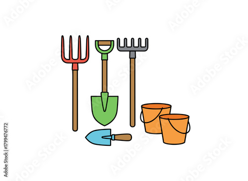 A flat cartoon vector illustration featuring a collection of garden and agricultural tools—rake, pitchfork, shovel, buckets, sickle—isolated on a white background, representing harvest gathering