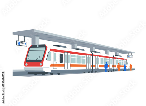 A modern train on an underground platform, depicted as a horizontal colorful flat-style vector illustration