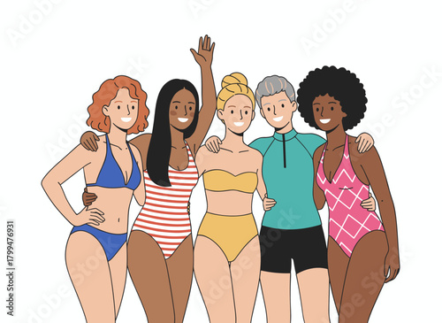 A portrait of diverse, body-positive women in bikinis and swimsuits, standing together as friends, showcasing a concept of beauty diversity, rendered as a flat vector illustration on a white
