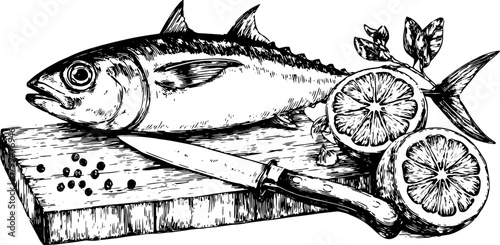 Fish on cutting board with knife and lemon. Vintage engraving vector illustration for culinary themes.