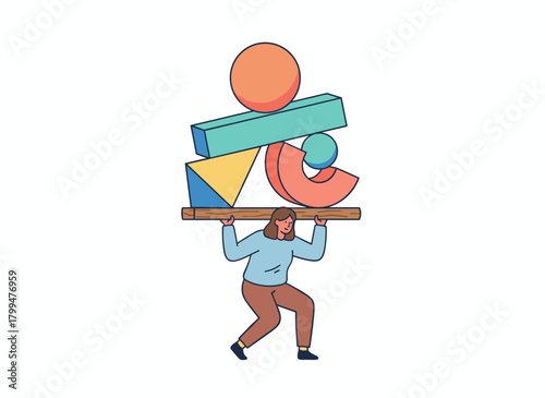 An individual bears life's heavy loads; a weary, stressed woman overwhelmed by problems, illustrating the concept of pressure from difficulties and hardships in a flat vector graphic set against a