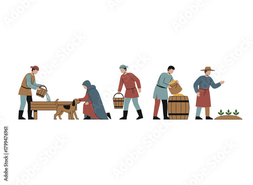 A flat vector illustration of farmers and farm workers in a rural countryside, carrying buckets, pouring water and food for feeding animals in a village, set against a white background
