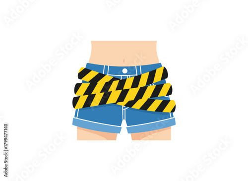 Men's groin encircled by a barricade or caution tape, depicting the concept of impotence, erectile dysfunction, or malfunction—an inability to achieve a penile erection during sexual activity, shown