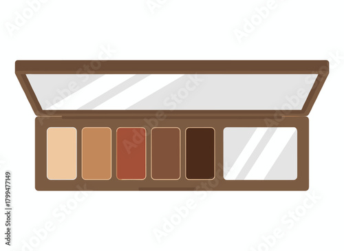 A compact eyeshadow palette in a makeup box, featuring decorative shades, a mirror, and a brush, presented as a flat vector illustration on a white background