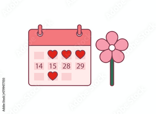 An illustrated menstrual calendar designed to manage periods and plan pregnancies, featuring a daily schedule with highlighted days for women and girls, tracking cycles and PMS, presented as a flat