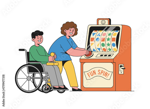 Illustration of children playing with an abacus and playground equipment, featuring a happy boy in a wheelchair and a girl, showcasing kindergarten friends having fun, communicating, and