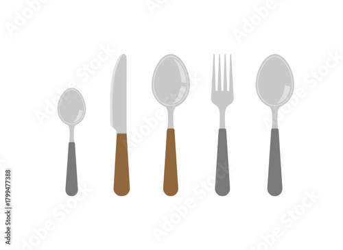 A kitchen cutlery set featuring a table knife, tablespoon, teaspoon, metal spoon, and steel fork, shown from a top view as flatware, part of a dining and eating tools collection, presented as flat