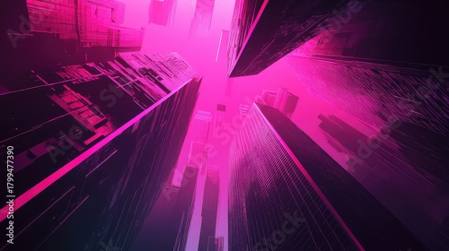 Futuristic cityscape with vibrant pink and purple neon glow