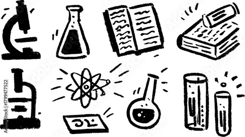 Science lab elements in black and white. Hand-drawn icons include microscope, flask, and test tubes in a vector illustration set.