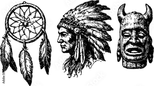 Dreamcatcher and native face in vintage engraving style. Monochrome vector illustration featuring a tribal mask and headdress set.