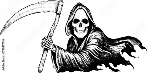 Skeleton reaper holding a scythe. Black and white vector illustration depicting a gothic style character in an eerie scene.