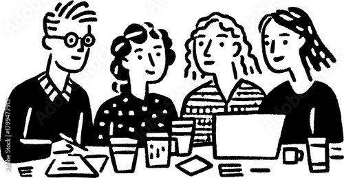 A creative group of people engaged in a meeting. Simple black and white vector illustration showing collaboration around a table.