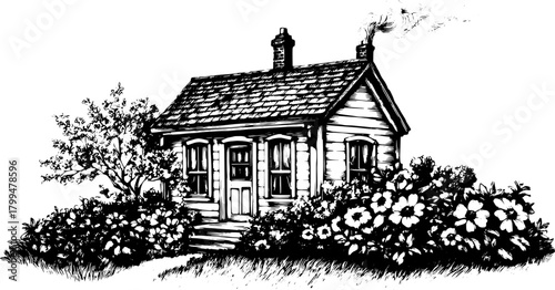 Vintage house illustration with an outlined design. This artwork features a rural homestead surrounded by a garden in a clean vector style.