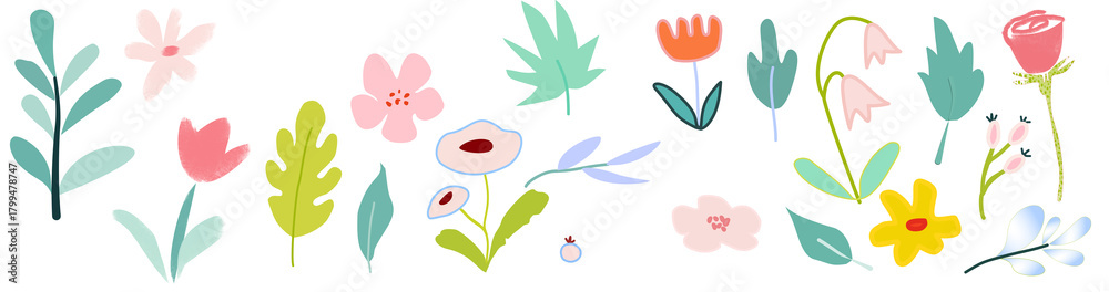 Obraz premium Flower crayon watercolor spring floral set. Hand drawn pastel crayon flower, leaf, plant with vector illustration of an abstract floral background, vector illustration of an abstract background,