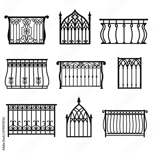 A set of nine black silhouette illustrations of decorative balcony railings. Designs range from intricate scrollwork and gothic arches to simple curved and straight balusters