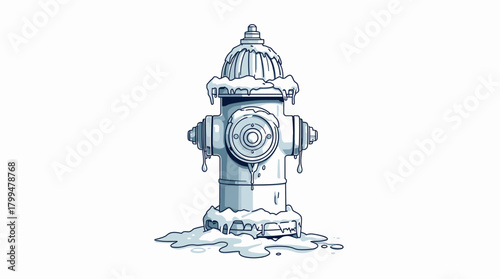 Frozen hydrant top blue fireplug coated in thick frost and dripping icicles on clean white backdrop, concept of cold weather infrastructure