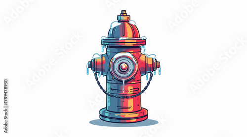 Frozen hydrant top colorful fireplug glazed with icy drips under cold winter light, concept of urban frost design