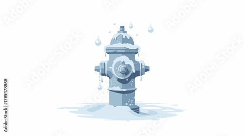 Frozen hydrant top pale blue fireplug covered in soft frost and melting snowdrops, concept of cold season utilities