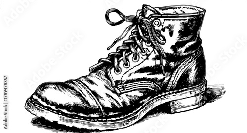Detailed boot shoe illustration in a realistic sketch style. Vintage footwear vector set for outdoor or fashion contexts.