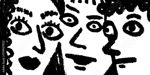 Hand-drawn black outline illustrations of faces with expressive features. Creative vector illustration showcasing simple and abstract styles.