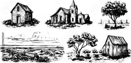 Illustration of buildings and trees in a rural landscape. Old and simple sketch style. Vector set showcasing outdoor scenery.