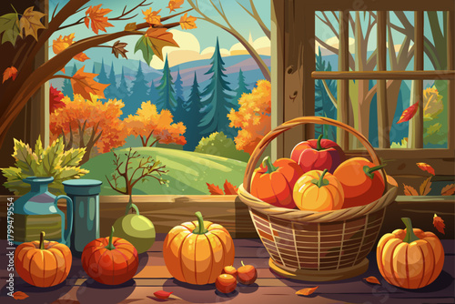 A wicker basket filled with fresh apples and pumpkins placed near a rustic window creates an abundant, festive autumn mood with seasonal warmth and copy space overlooking a colorful forest landscape.